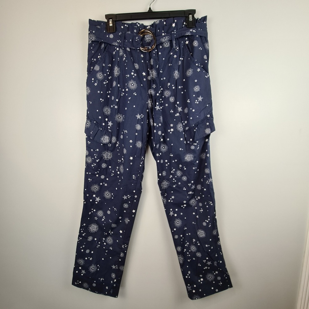 Jolt Cotton Blend Paper Bag Waist Navy Blue Star Print‎ Pants Medium Pockets